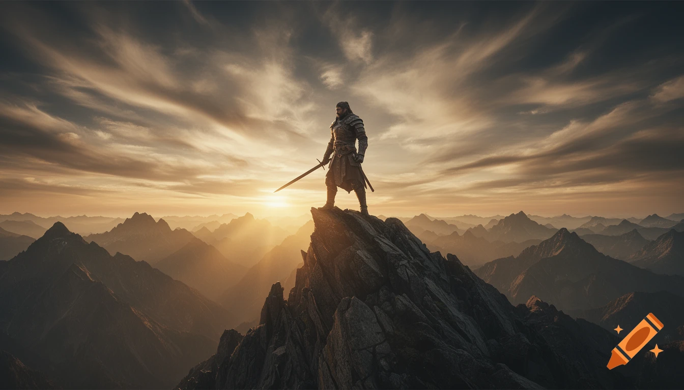 A lone warrior with a sword stands on a mountain peak at golden hour, silhouetted against dramatic clouds and a mountain range.