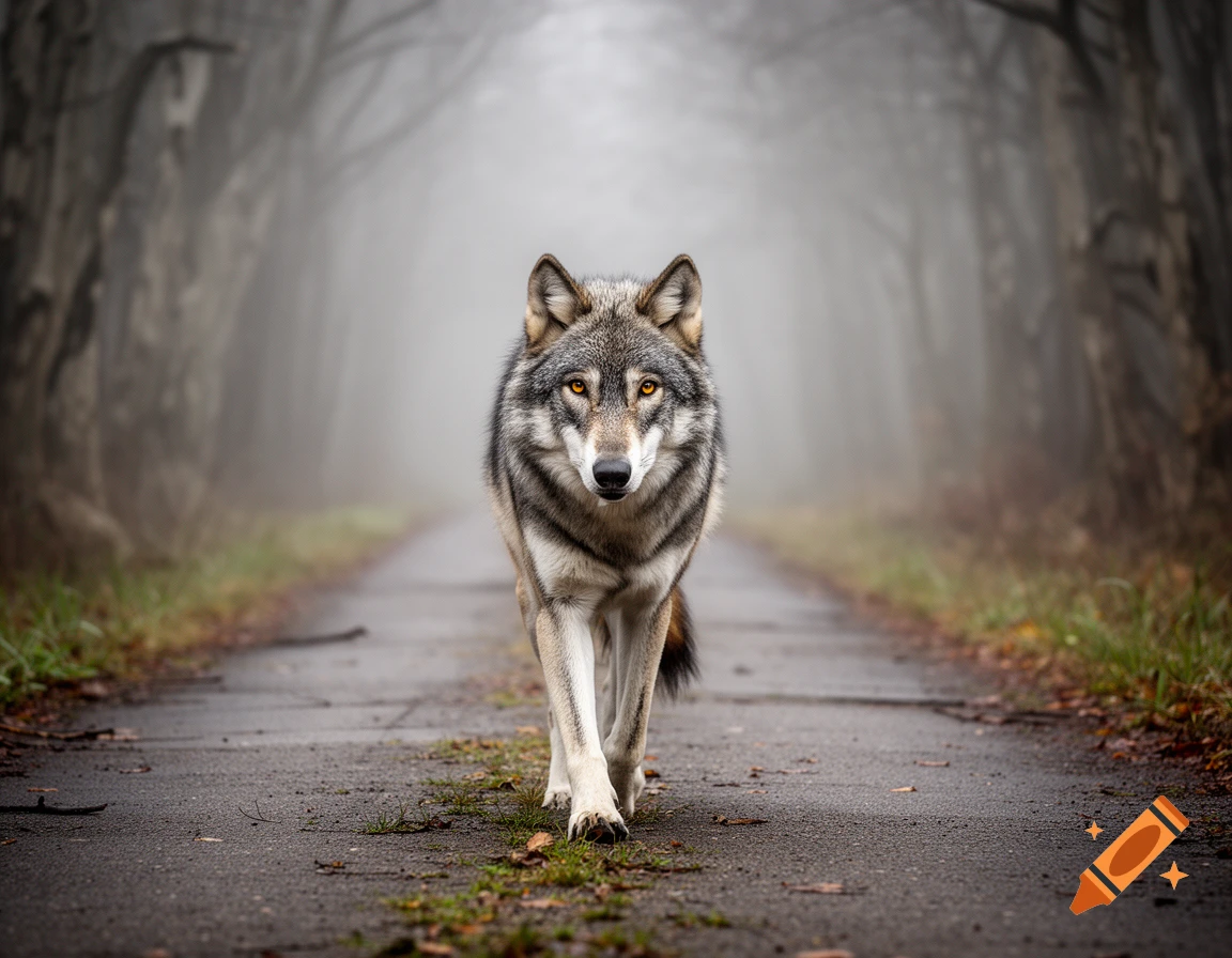 A photorealistic wolf with golden eyes walks directly towards the viewer on a misty road through a dark, foggy forest.