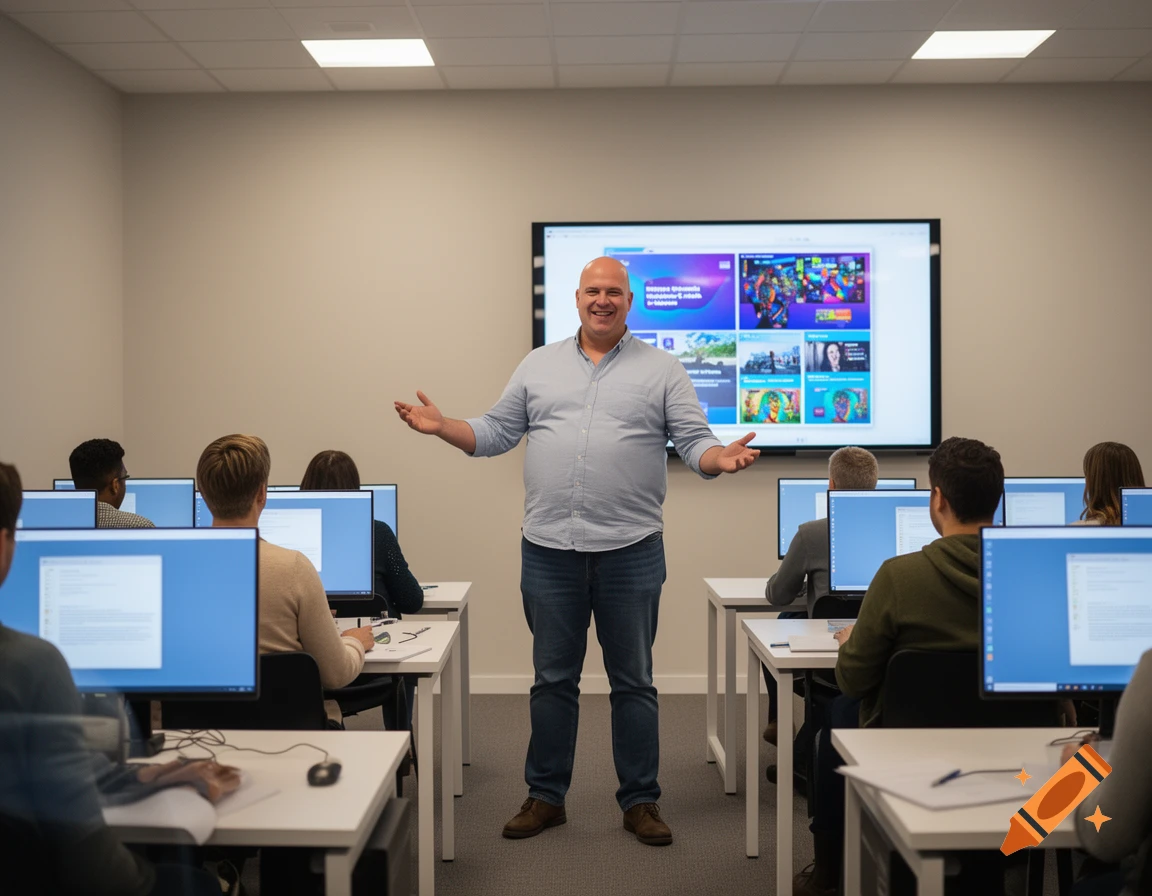 A bald man with open arms smiles at a class of students working on computers, with a large screen displaying web content behind him.