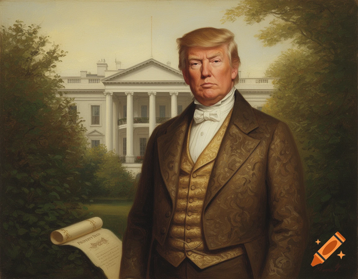 A historical painting of Donald Trump in 1800s attire, standing before the White House, holding a scroll labeled 'PROPERTY DEED'.