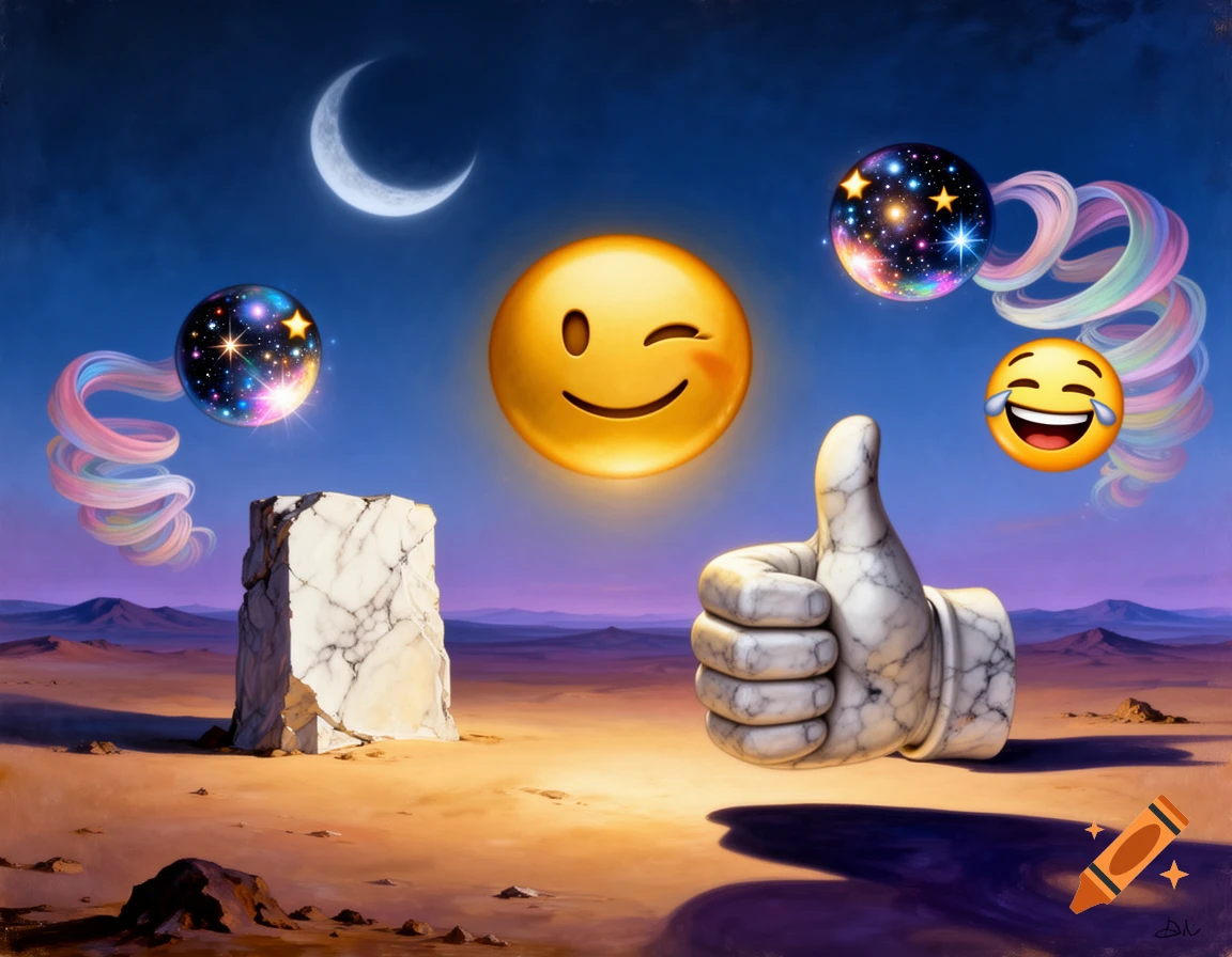 A surreal desert landscape with a large winking emoji sun, laughing emoji, marble thumbs-up, and cosmic spheres with rainbow trails under a crescent moon, in a painterly style.