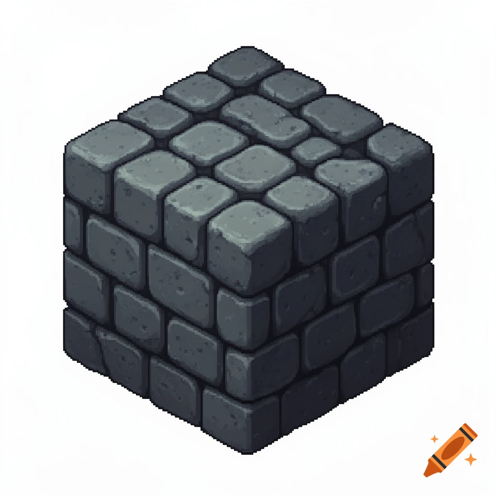 An isometric pixel art cobblestone block for a video game sprite.