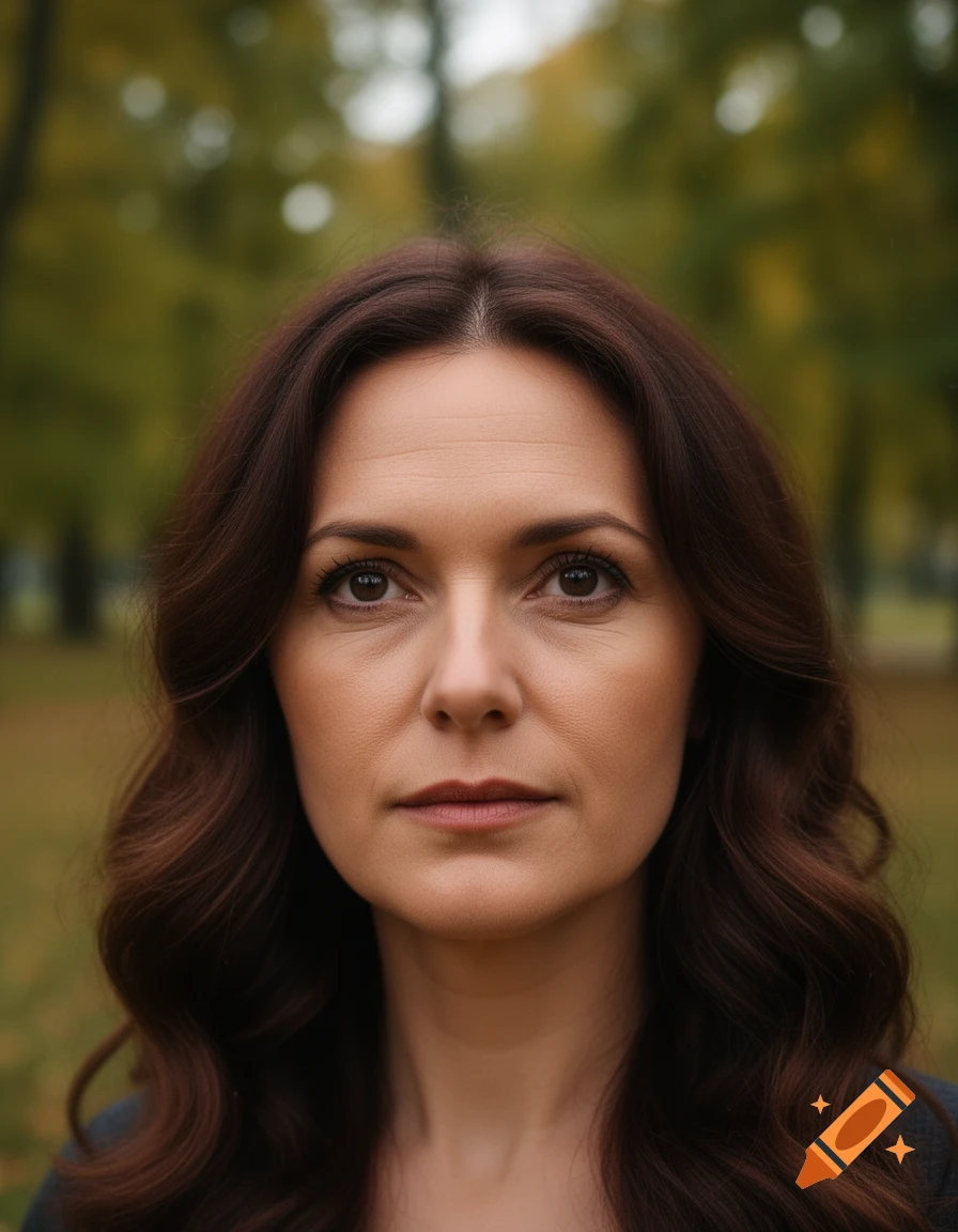 A close-up photorealistic portrait of a woman with long wavy brown hair, looking directly at the viewer, with a blurred green outdoor background.