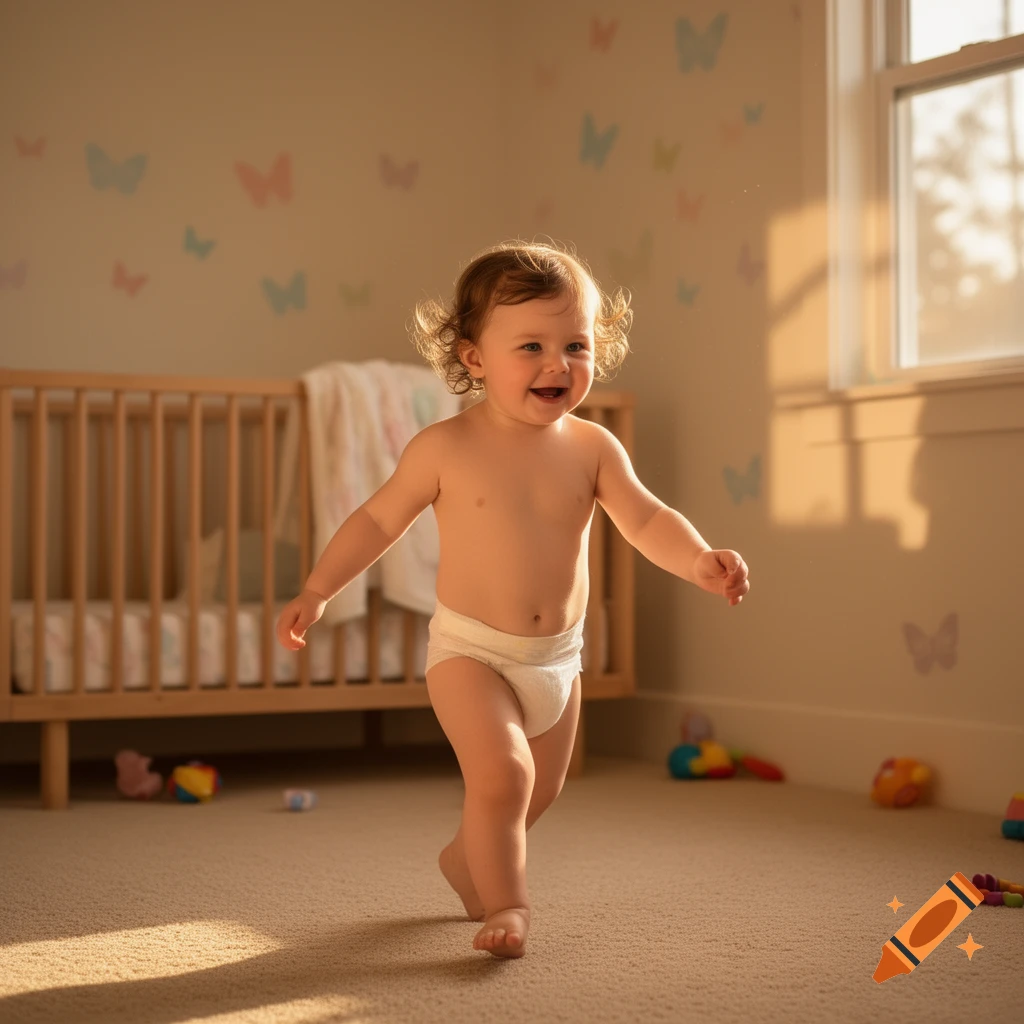 A happy toddler in a diaper walks barefoot across a carpeted bedroom with a crib and butterfly wall decor.