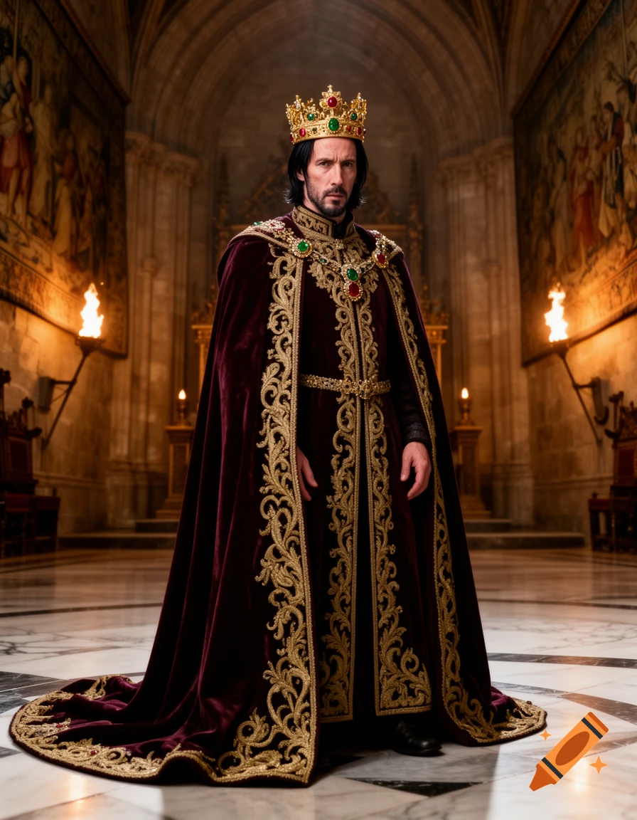 A man resembling John Wick, dressed as a medieval king with a gold crown and elaborate burgundy robe, stands in a grand hall.