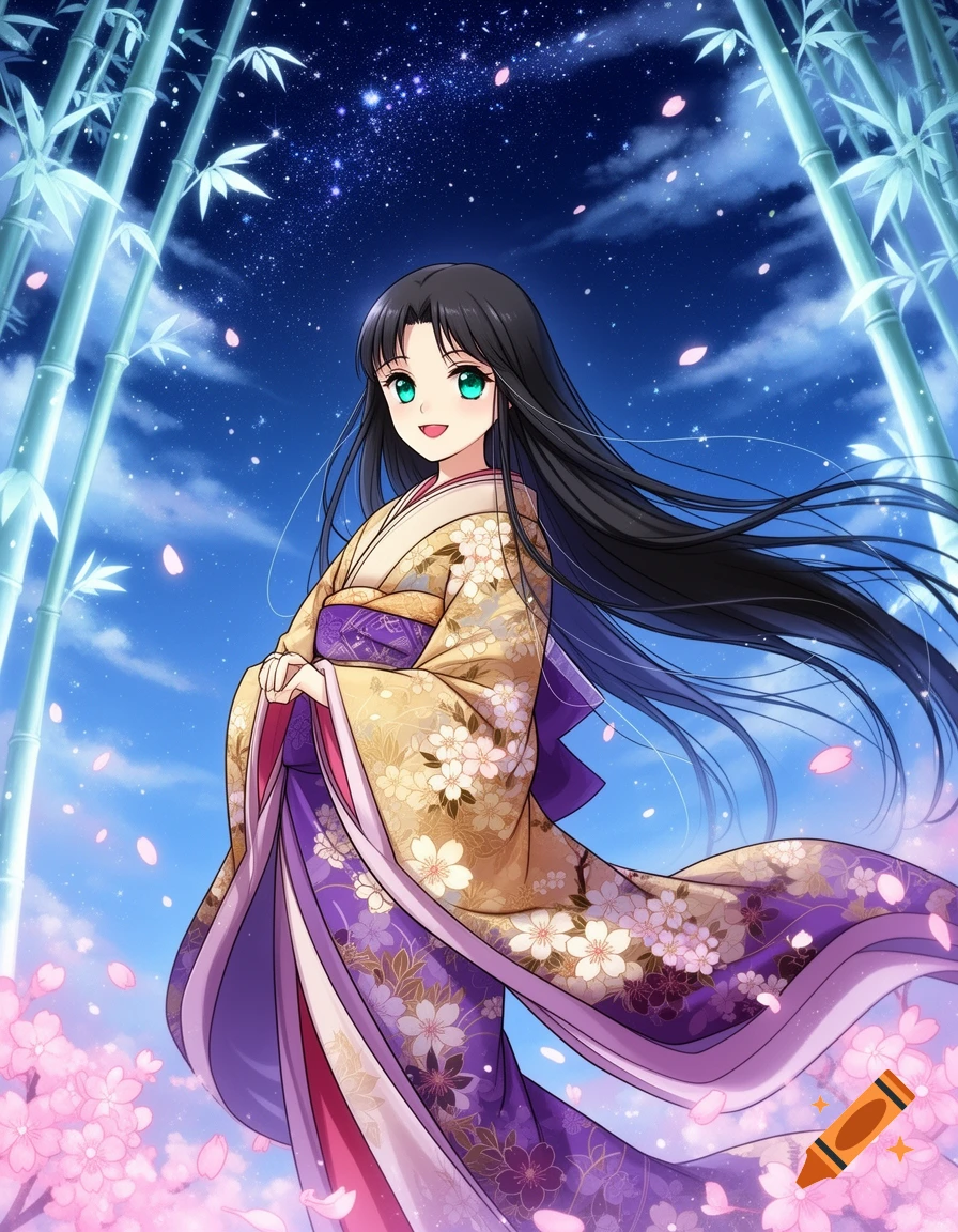 Anime girl with long black hair, green eyes, wearing a gold and purple kimono with cherry blossoms, standing among bamboo under a starry night sky.