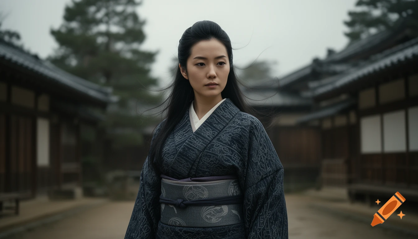 Photorealistic portrait of a Japanese woman in a dark blue kimono standing in a traditional village on an overcast day.