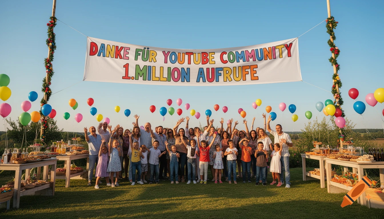 A large group of people celebrate outdoors under a banner: 'DANKE FÜR YOUTUBE COMMUNITY 1.MILLION AUFRUFE', with colorful balloons and food.
