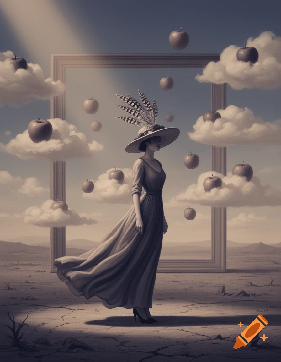 A surreal painting of a woman in a wide-brimmed hat and flowing dress standing in a barren landscape with floating apples and clouds.