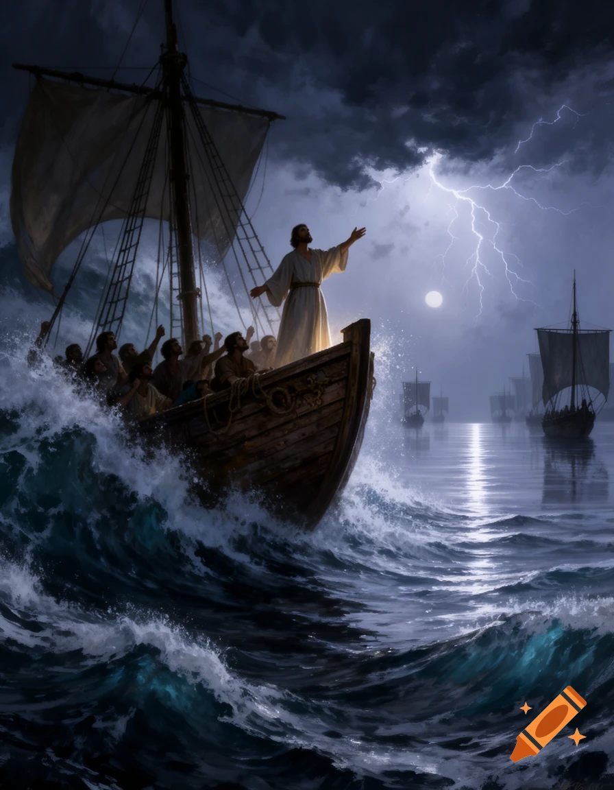 Jesus stands in a storm-tossed boat, arms outstretched, calming a lightning-filled sky and turbulent waves. Digital art.