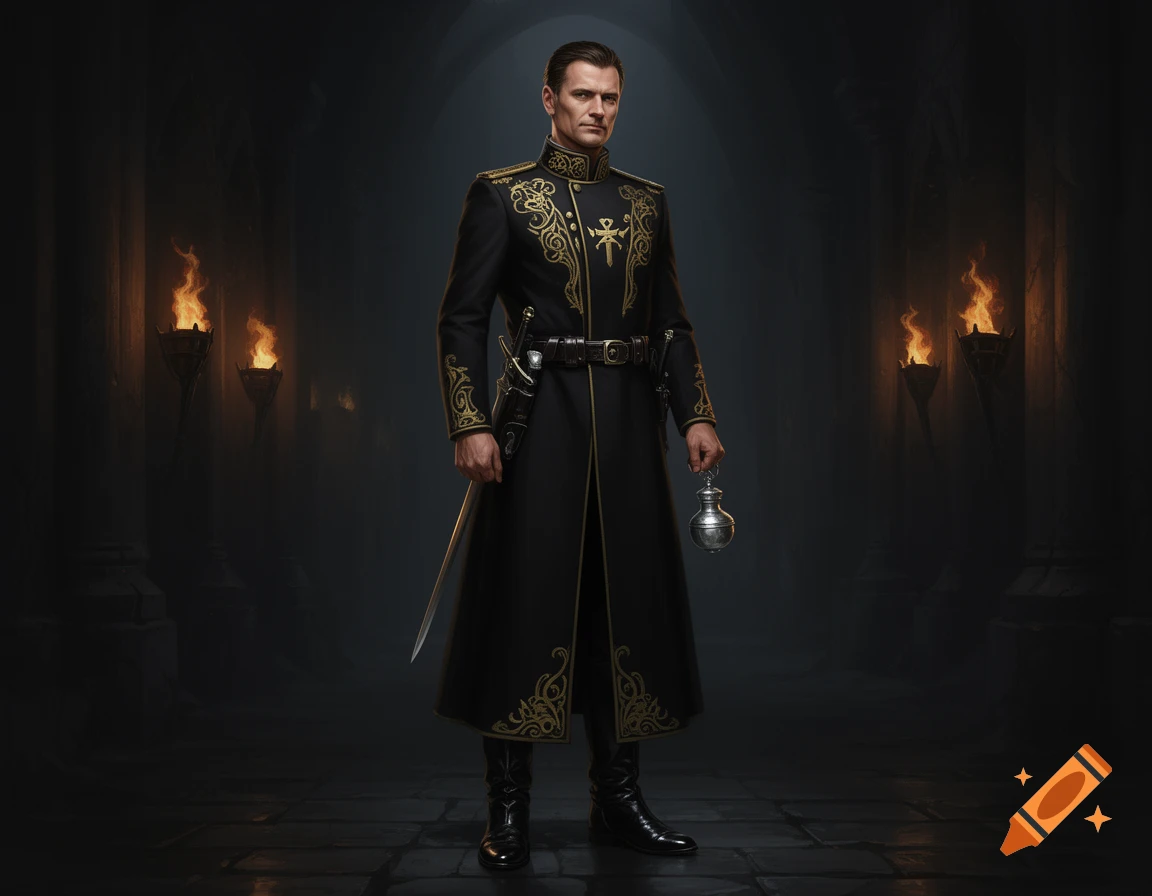 A man in a black and gold military uniform stands in a torch-lit dark fantasy hall, holding a sword and a silver object.