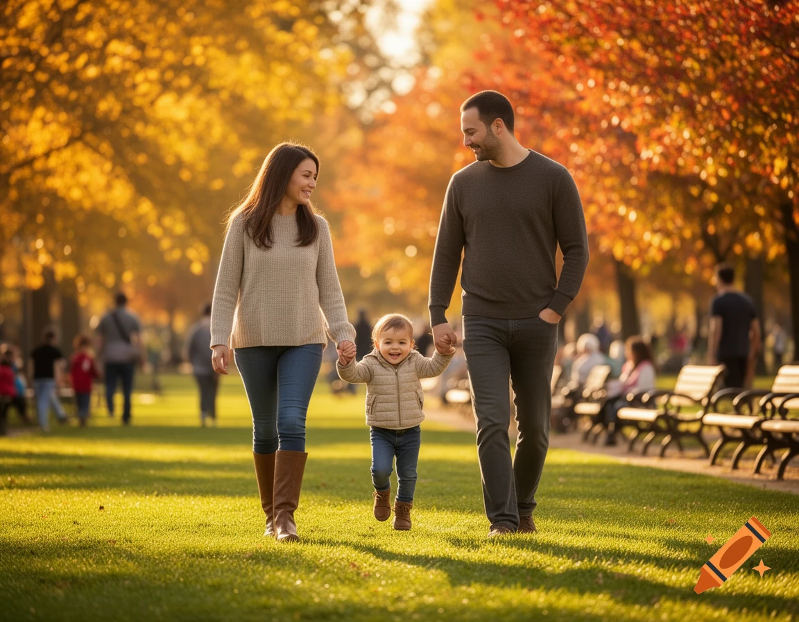 A family walks through a sunlit park in autumn, parents holding hands with their smiling toddler, with colorful fall trees.