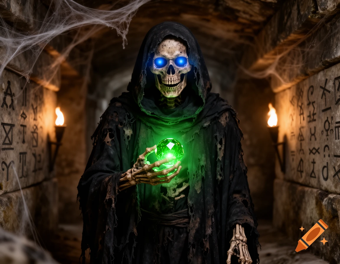 A skeletal undead mage in tattered black robes, with glowing blue eyes, holds a luminous green gem in a dark, cobweb-filled dungeon with runic walls.