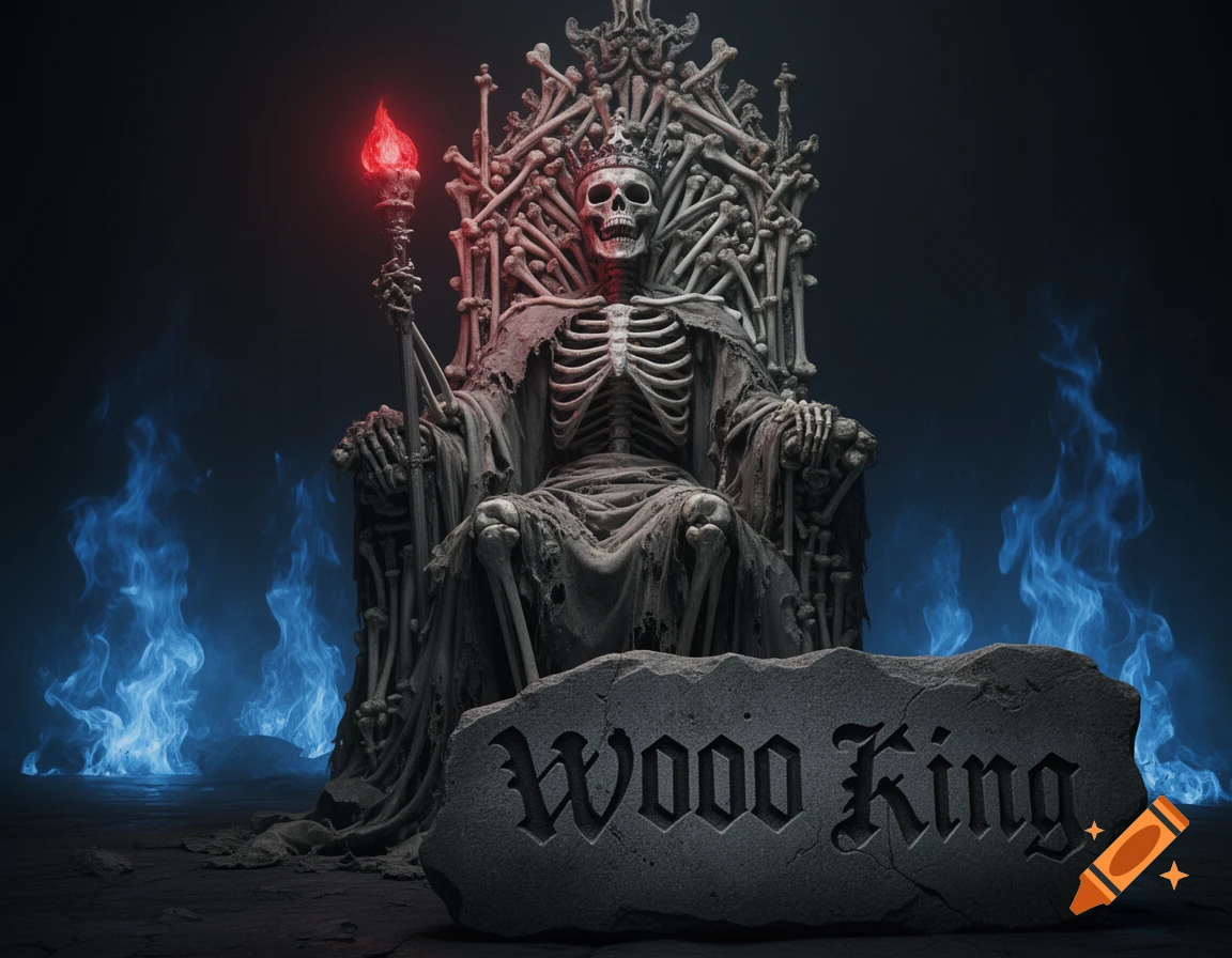 A skeleton king in a crown sits on a bone throne, holding a red glowing scepter, surrounded by blue flames, with 'WOOO King' carved on a stone.