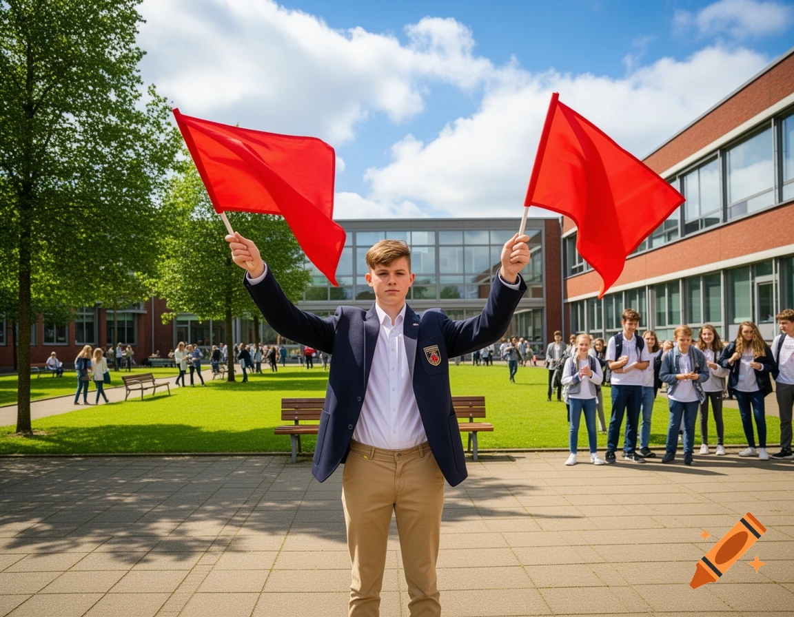 A male student in a blazer holds two red signal flags up high in front of a school building on a sunny day, with other students in the background.