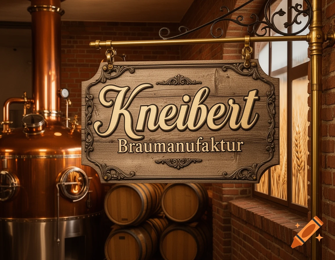 A wooden sign with "Kneibert Braumanufaktur" in ornate gold letters, hanging in a brewery with copper stills and wooden barrels.