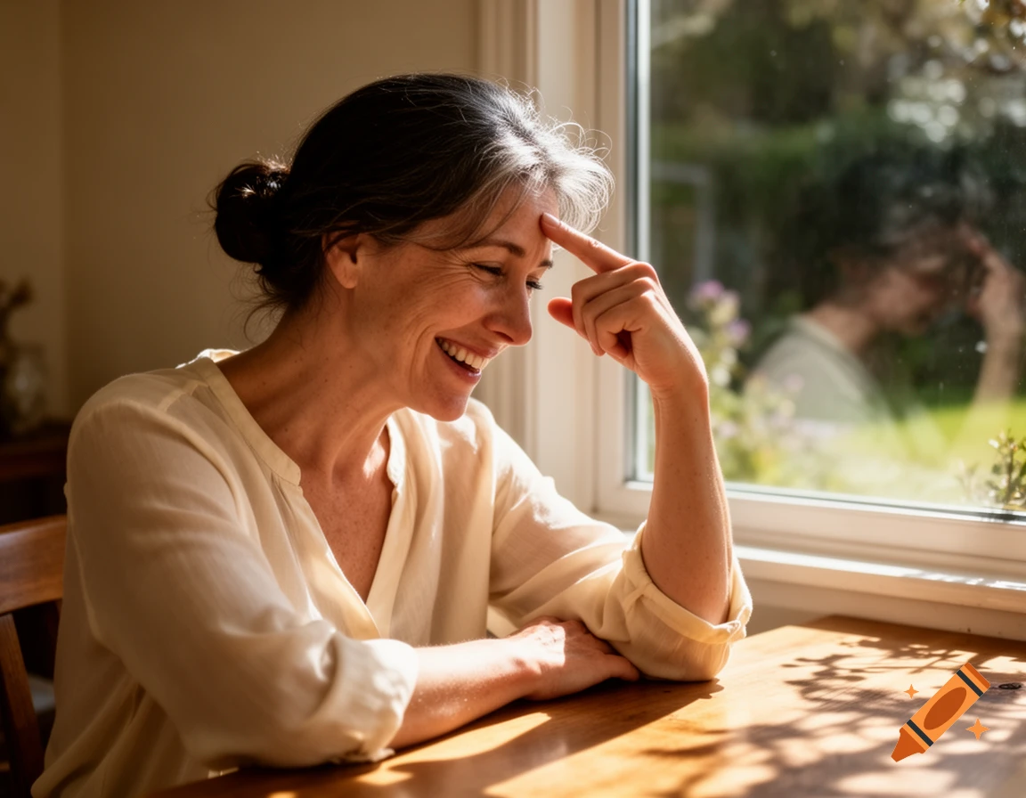 Smiling older woman with her hair pulled back touches her forehead while sitting at a wooden table by a sunny window.