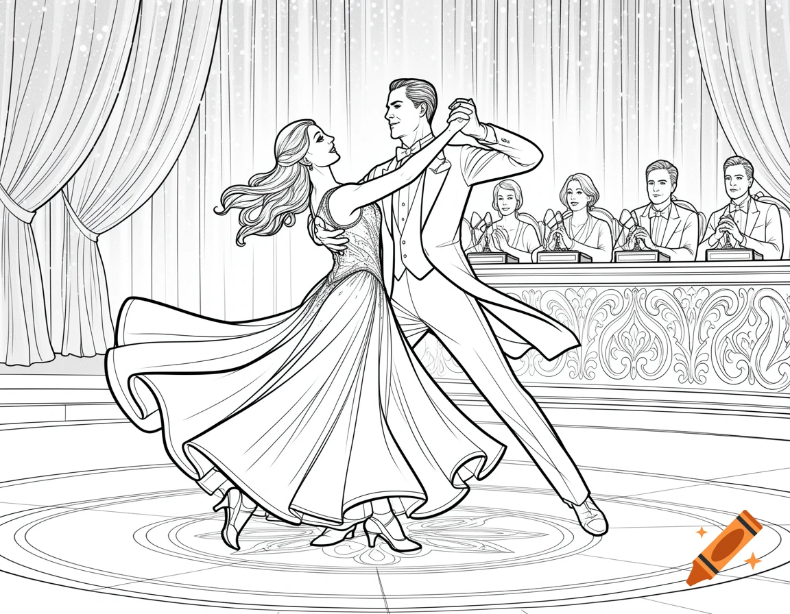 Line art of a ballroom dance couple performing on a stage, with a jury panel in the background, suitable for coloring.