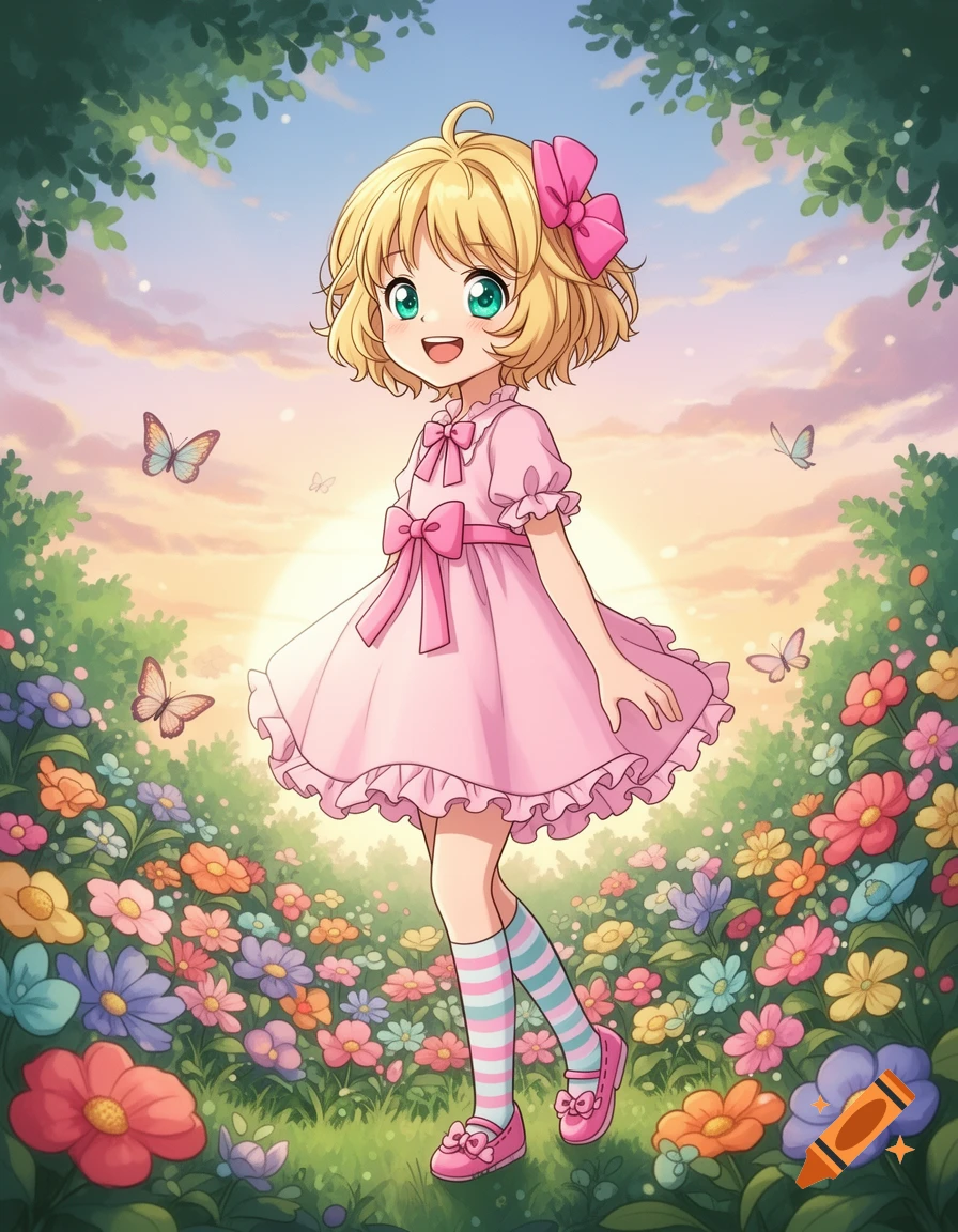 A smiling blonde anime girl in a pink dress and striped socks stands in a colorful flower garden with butterflies at sunset.