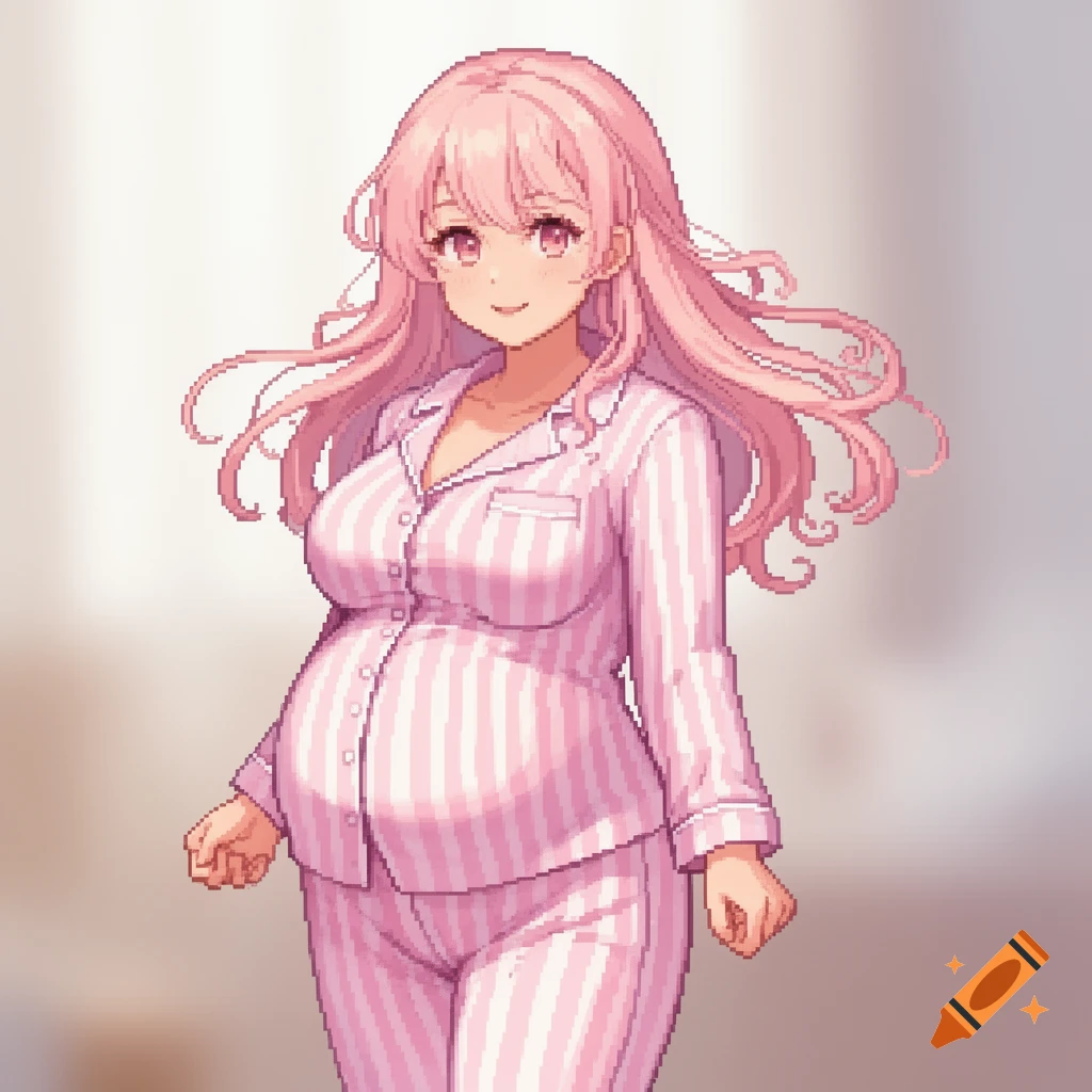 A pixel art anime girl with long pink hair, pregnant and wearing a pink striped pajama set.