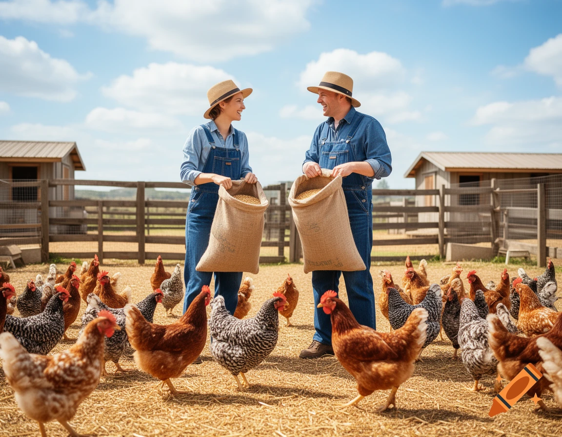 Two farmers in denim overalls and straw hats feed a flock of chickens from burlap sacks on a sunny farm.