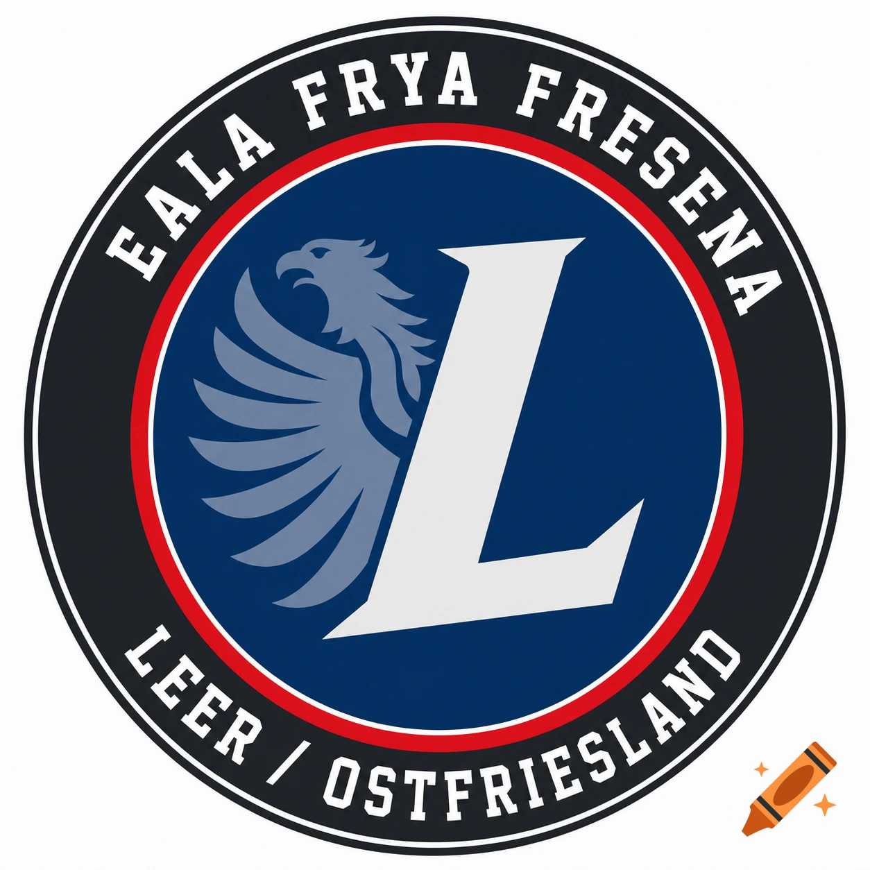 A round athletic team logo with a stylized grey eagle wing and a white 'L' on a blue background, encircled by red and black rings with white text 'EALA FRYA FRESENA' and 'LEER / OSTFRIESLAND'.