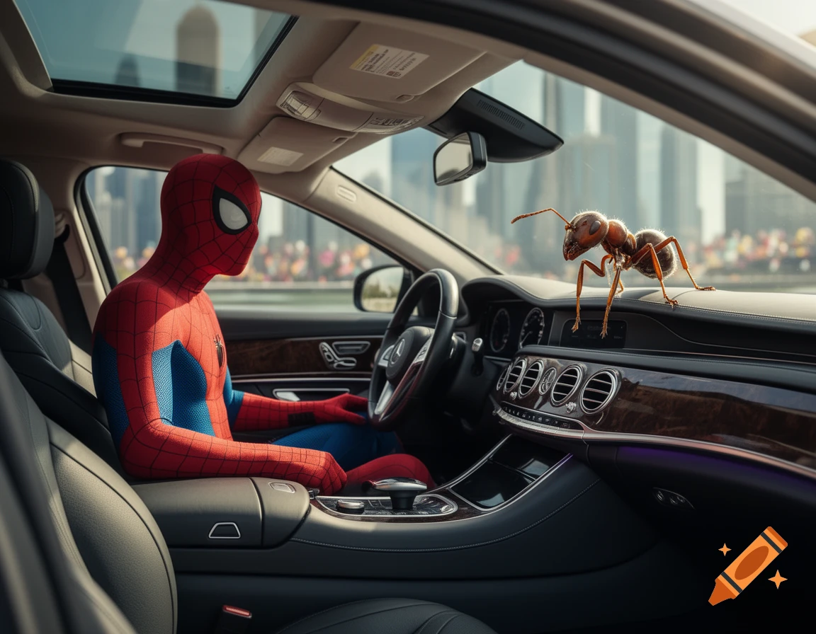 Photorealistic image of Spider-Man in a car, looking at a giant ant on the dashboard with a city skyline in the background.