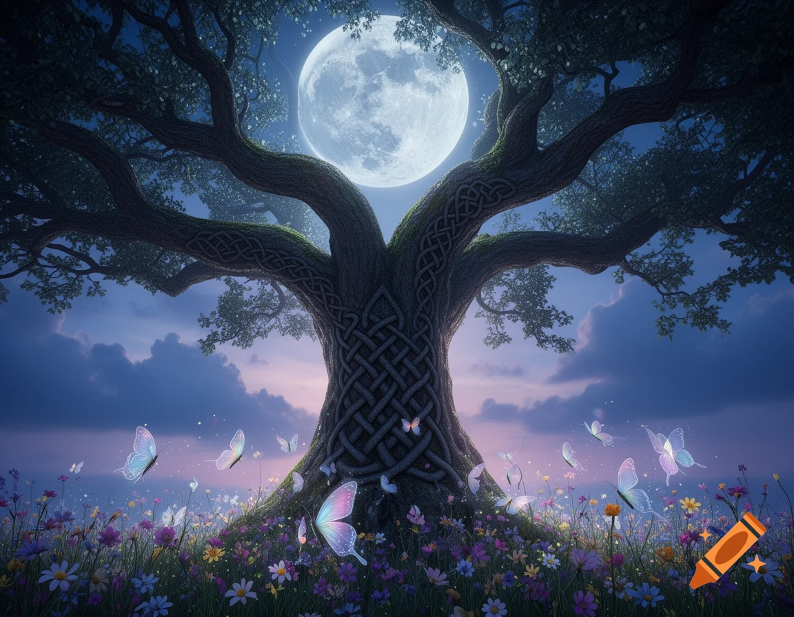 A mythical tree with Celtic knots on its trunk, under a full moon, surrounded by glowing fairy butterflies and colorful flowers.