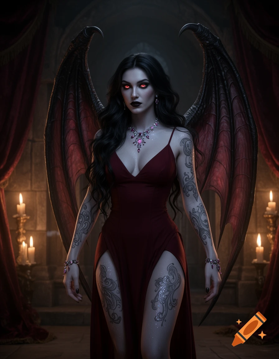 A dark fantasy image of a winged woman with red glowing eyes, wearing a red dress, standing in a gothic chamber.