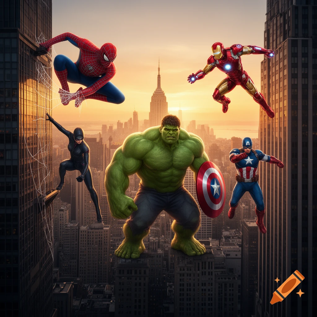 Spider-Man, Black Cat, Hulk, Iron Man, and Captain America, a group of Marvel superheroes, pose heroically on city rooftops at sunset.