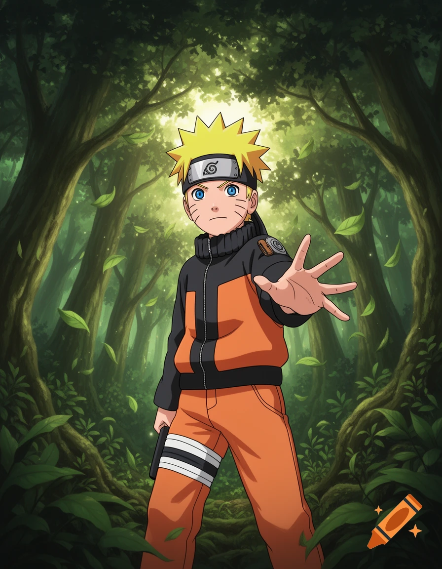 Anime character Naruto in his orange and black outfit, standing in a lush green forest with his hand outstretched.