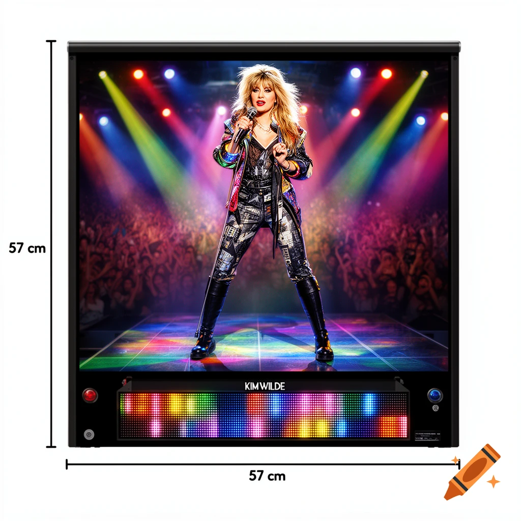 A pinball backglass featuring Kim Wilde performing on a vibrant stage with colorful spotlights and a crowd below.