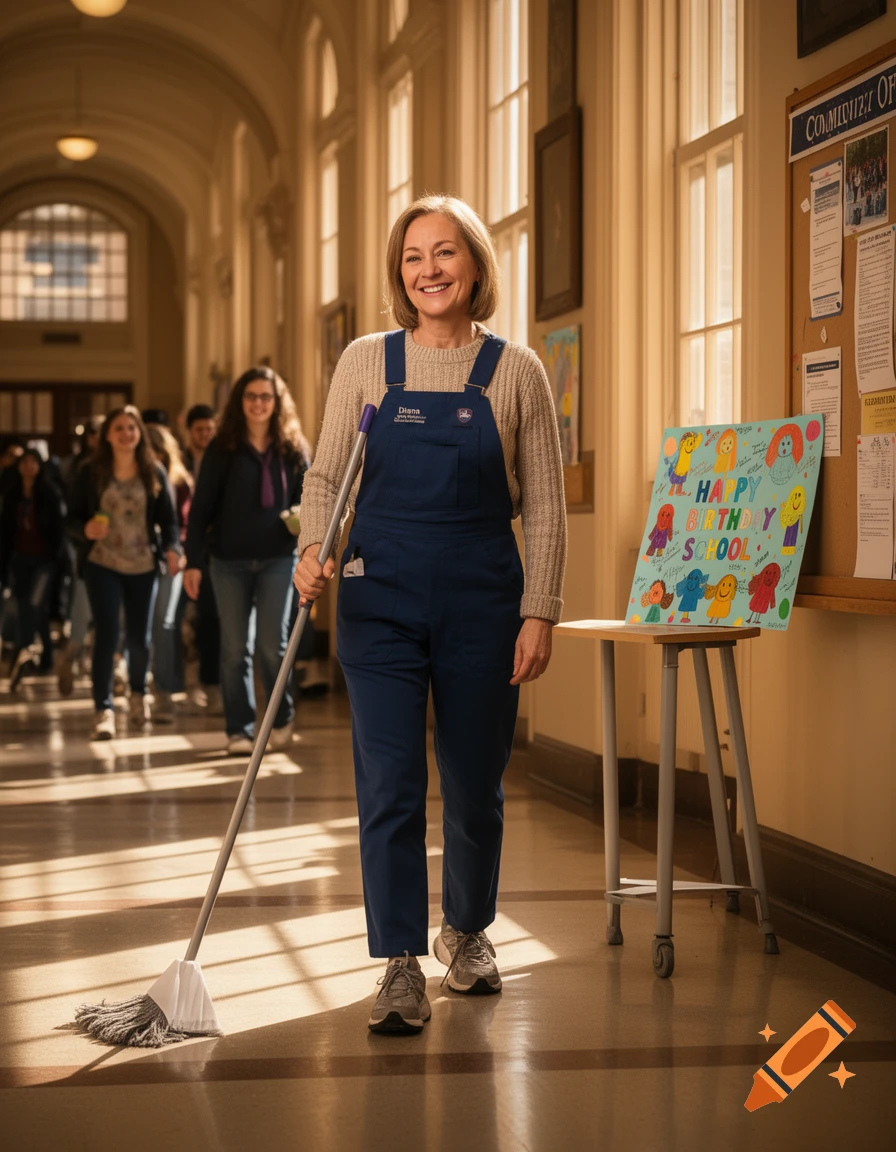 Smiling woman in blue overalls and sweater holds a mop in a sunlit university hallway, with students and a 'Happy Birthday School' poster.