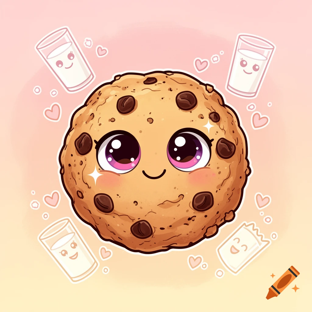 A cute cartoon chocolate chip cookie with big, sparkling eyes and rosy cheeks, surrounded by smiling milk glasses and hearts on a pink and yellow background.