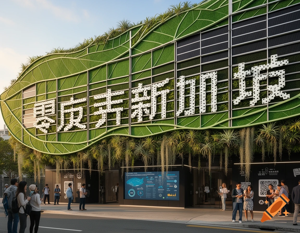 A modern, leaf-shaped building facade with vertical greenery, solar panels, and large Chinese text 'Zero Waste Singapore.' People below.
