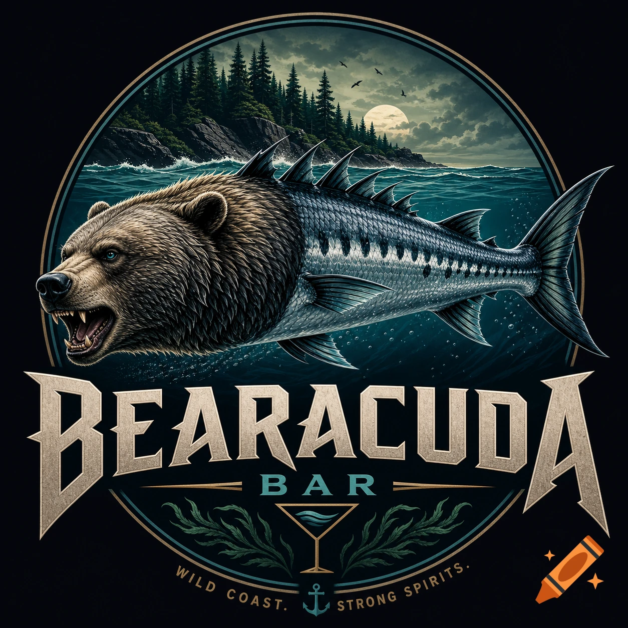 Circular logo: bear-headed barracuda in ocean, forest, moon backdrop. Text 'BEARACUDA BAR', 'WILD COAST. STRONG SPIRITS.'