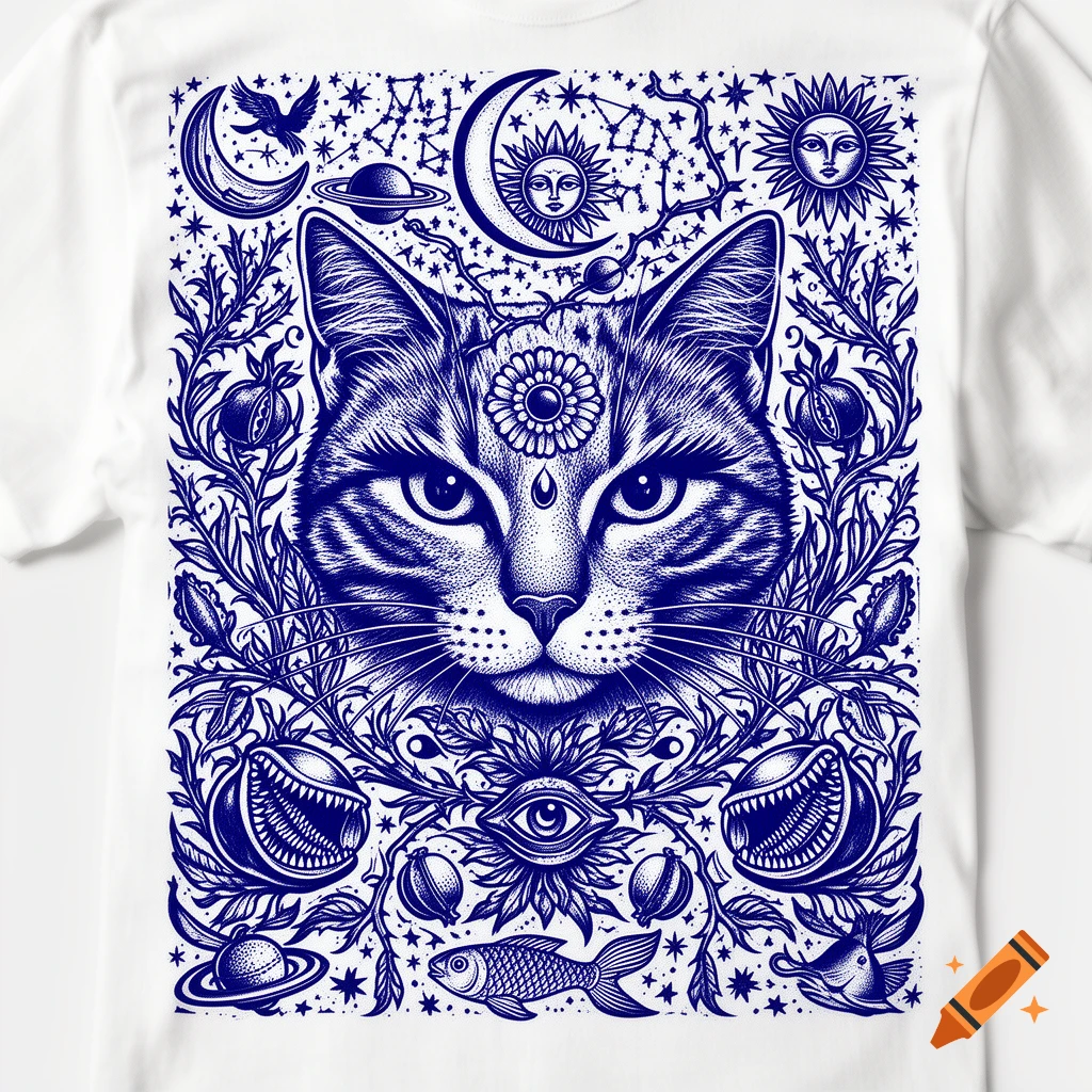Deep cobalt blue linocut illustration of a mystical cat face with a third eye, surrounded by celestial and botanical elements, printed on a white t-shirt.