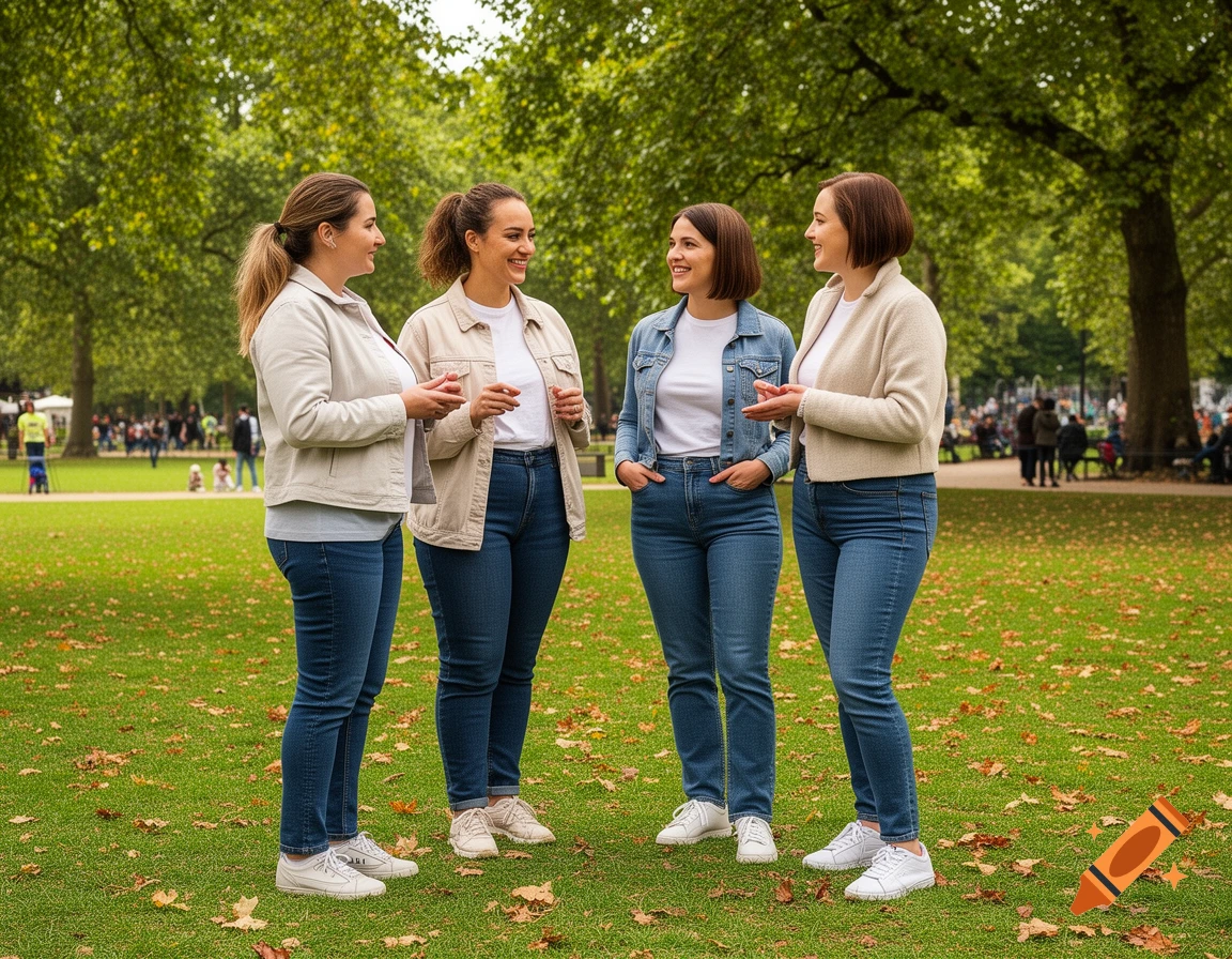 Four women, dressed casually in jeans and jackets, talk and smile in a green public park with fallen leaves.
