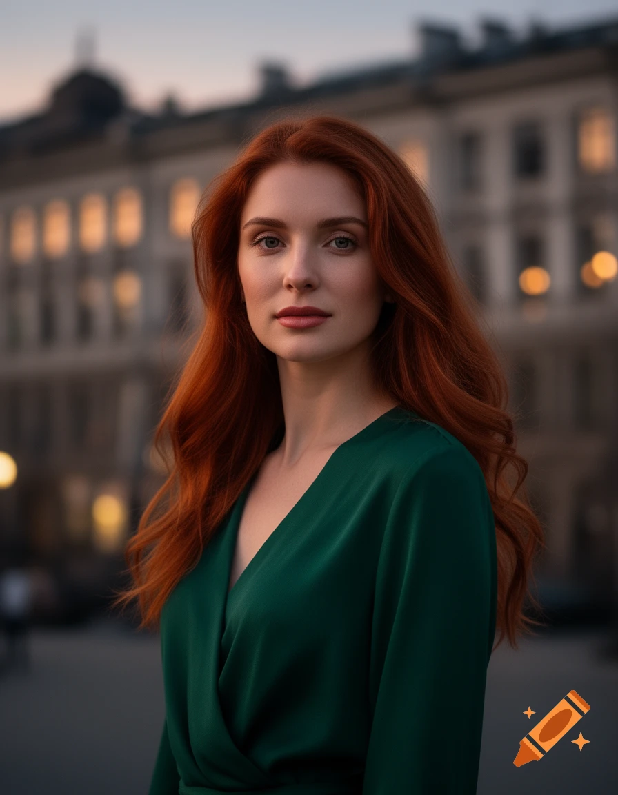 Photorealistic portrait of a woman with long red hair in a green dress, standing against a blurred city background at dusk.