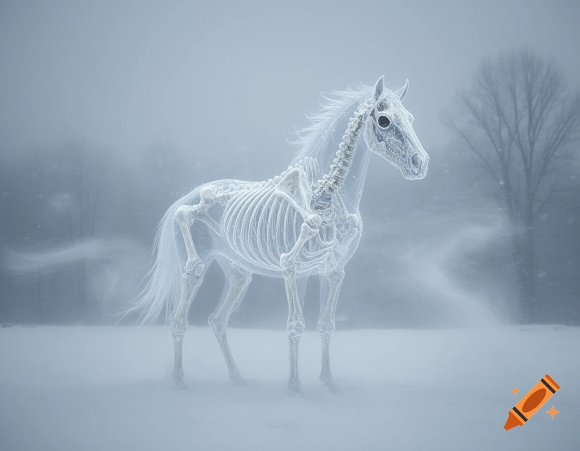 A translucent, icy skeleton horse stands in a snowy, foggy landscape with a bare tree in the background.