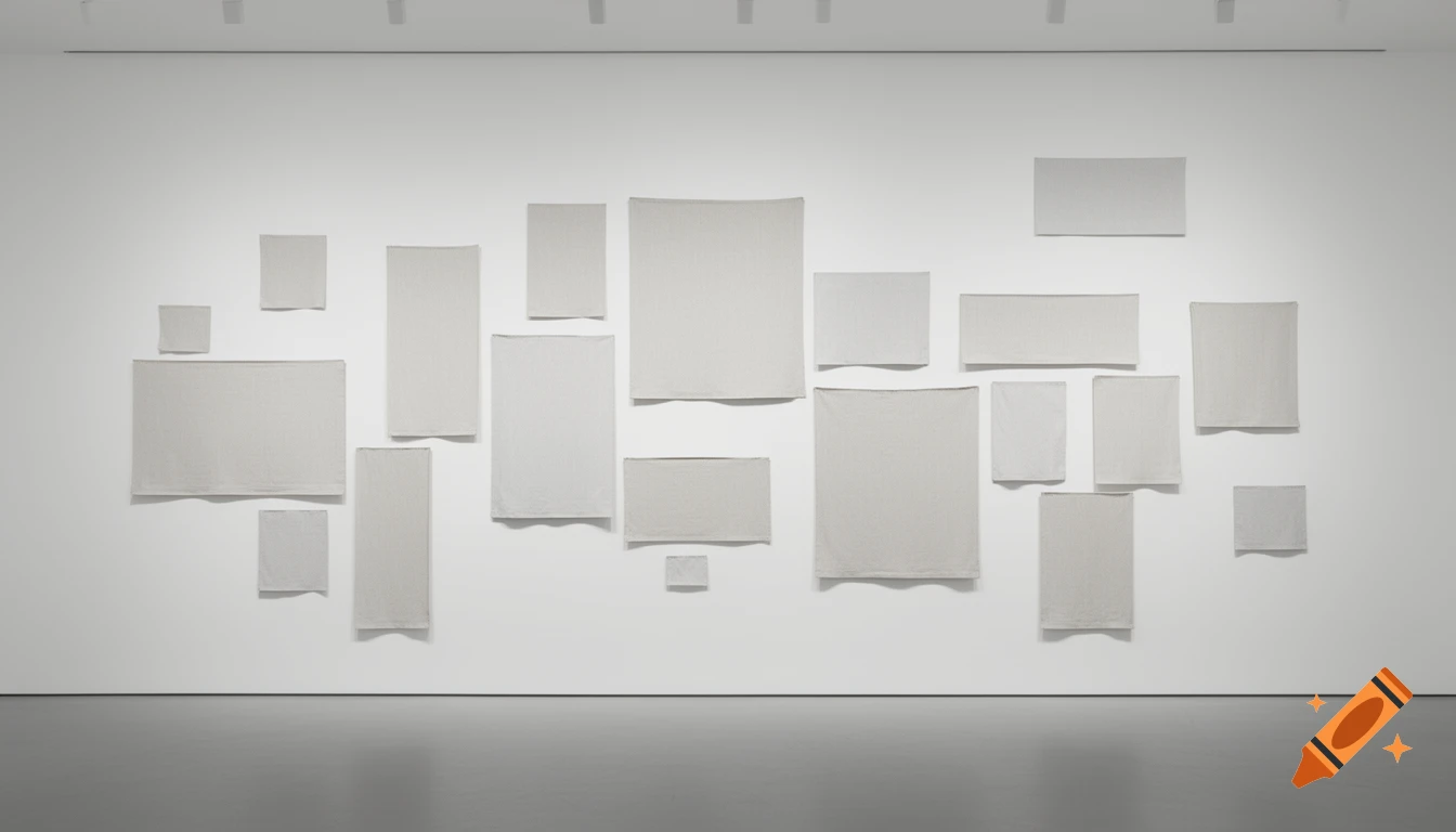 An art installation in a minimalist white gallery, featuring numerous light-colored fabric fragments of various rectangular and square shapes arranged across a wall.