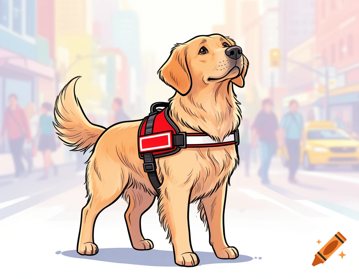 A cartoon golden retriever guide dog wearing a red working harness with a blank white patch, standing in a blurred city street.