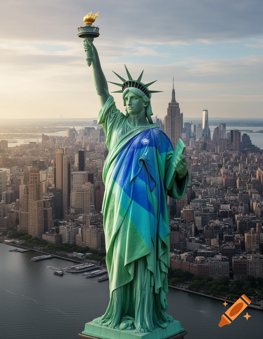 A photorealistic image of the Statue of Liberty overlooking a cityscape and a river, with parts of its drapery in blue and green.
