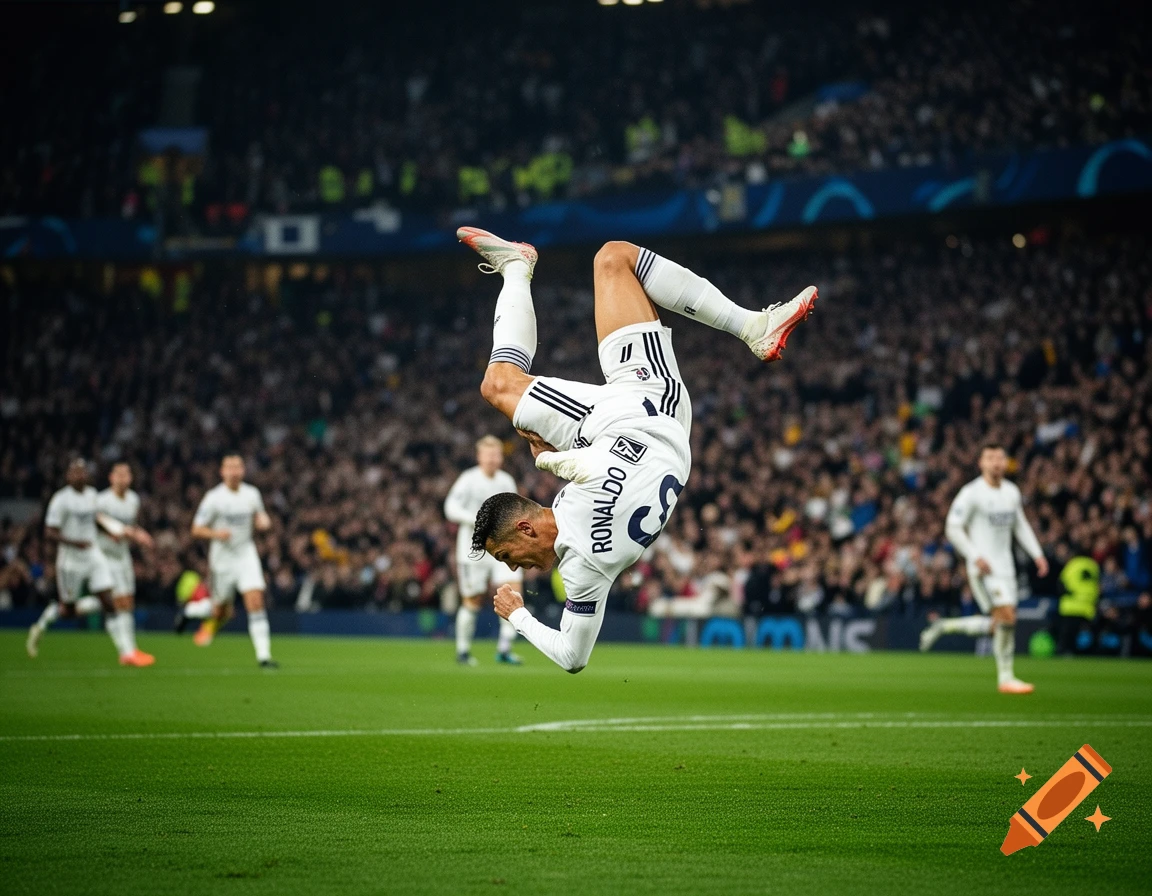 Cristiano Ronaldo executes a bicycle kick during a soccer match in a large stadium.