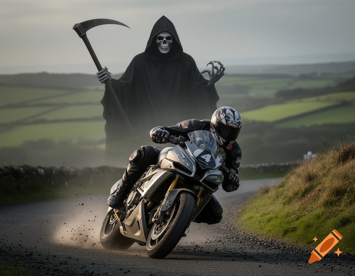 A photorealistic image of a motorcycle racer on a winding road, with a looming Grim Reaper figure in the misty, green hills background.
