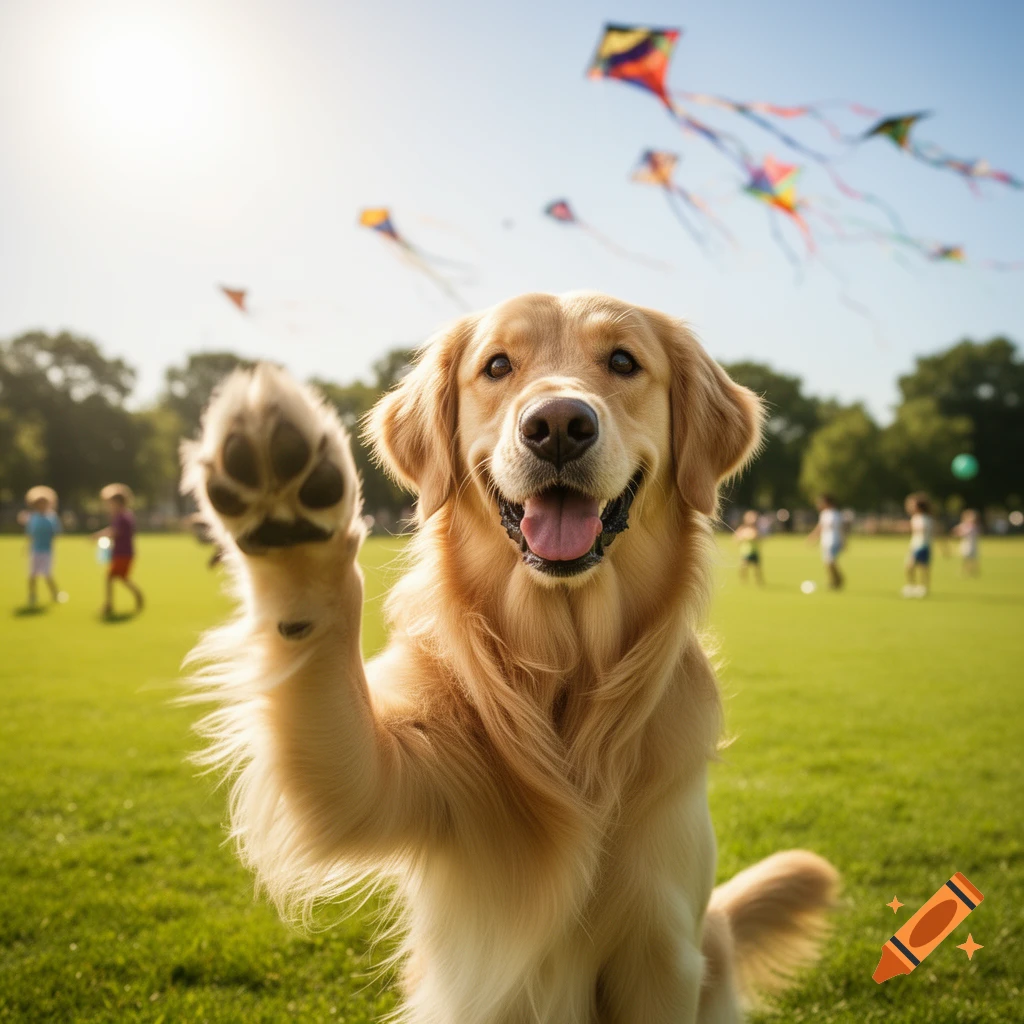 Happy golden retriever with raised paw in a sunny park, kids and kites in the background, photorealistic style.