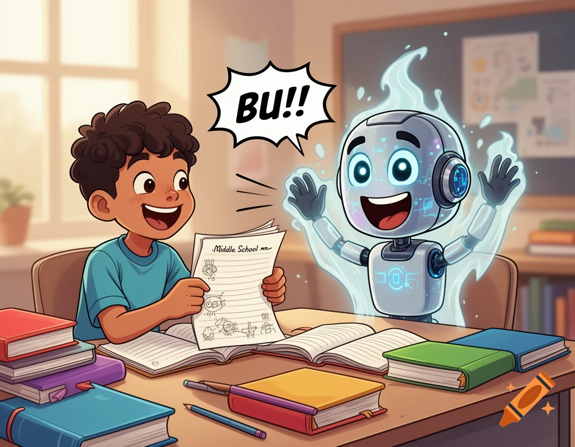 A cartoon boy holding homework says "Bu!!" to a glowing robot in a colorful classroom.