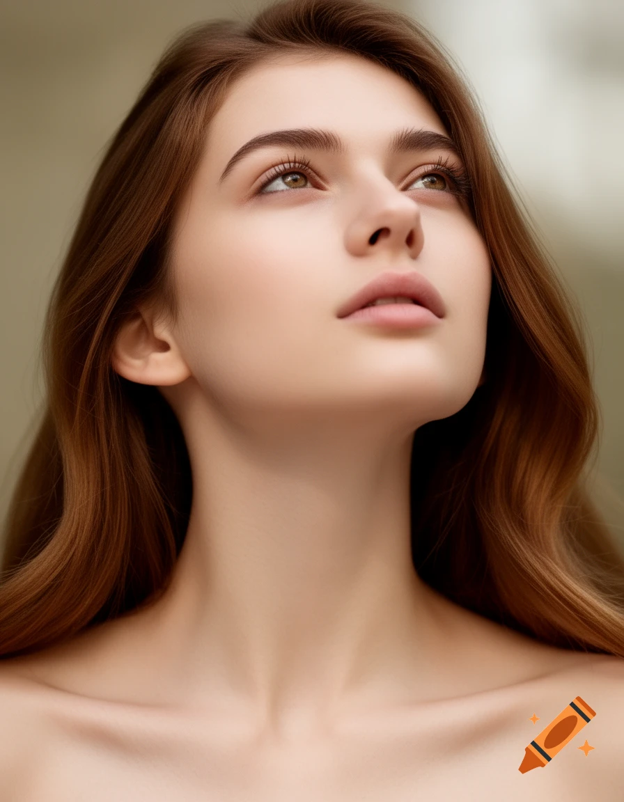 Close-up portrait of a young woman with long brown hair and bare shoulders, looking up.
