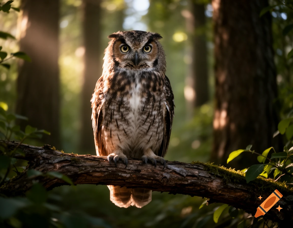 A majestic owl with bright yellow eyes perched on a mossy branch in a sunlit forest.