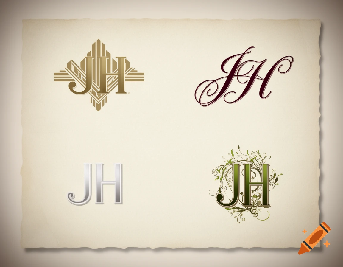 Four stylized monograms of the initials 'JH' on a cream paper background, featuring art deco, script, silver, and floral designs.